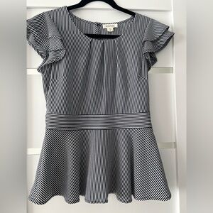 Monteau Striped Peplum Top Womens M Black White Ruffle Sleeve Blouse